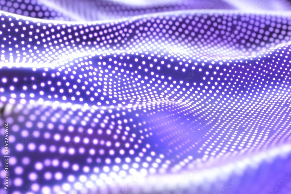 Naklejka premium Abstract purple wave, glowing dots, digital fabric texture. Background blur, website banner