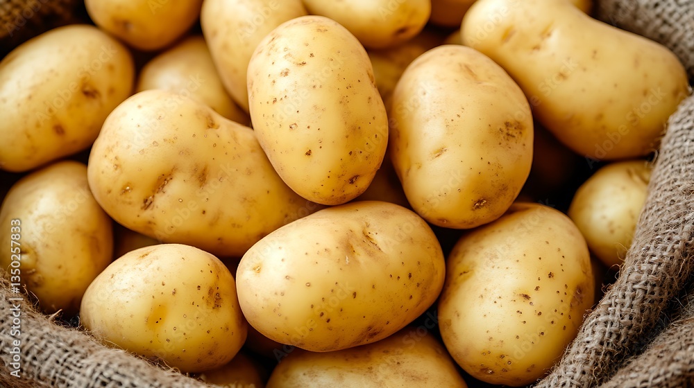 Close-up of fresh yellow potatoes in a burlap sack. Close-up of fresh yellow potatoes in a burlap sack.