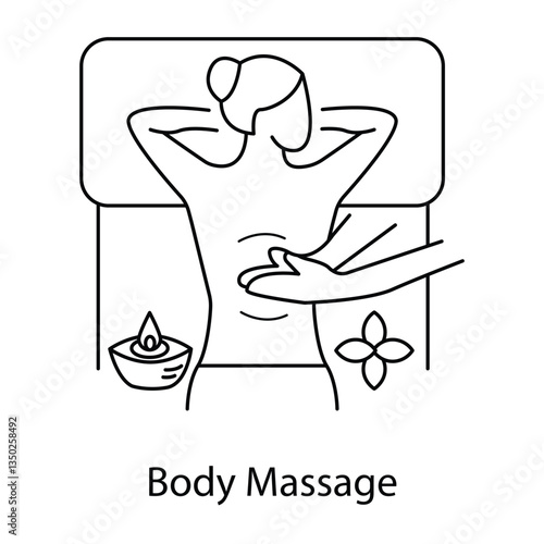 Vector icon for body massage and relaxation. Depicts a person receiving a massage with oil and flower, symbolizing wellness and stress relief.