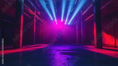 Neon-lit warehouse interior, pink & blue beams, grunge floor, event backdrop