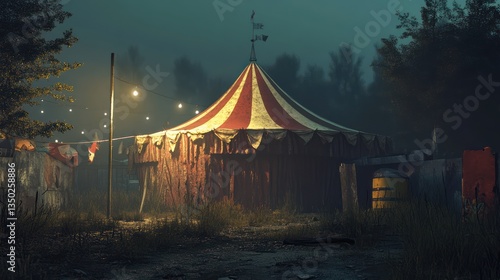 Abandoned circus tent, night, woods, fog, eerie atmosphere, horror, film, game background