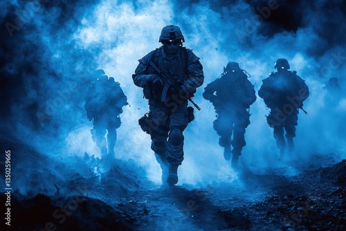 Soldiers move through smoke during night training exercise in a dramatic blue atmosphere