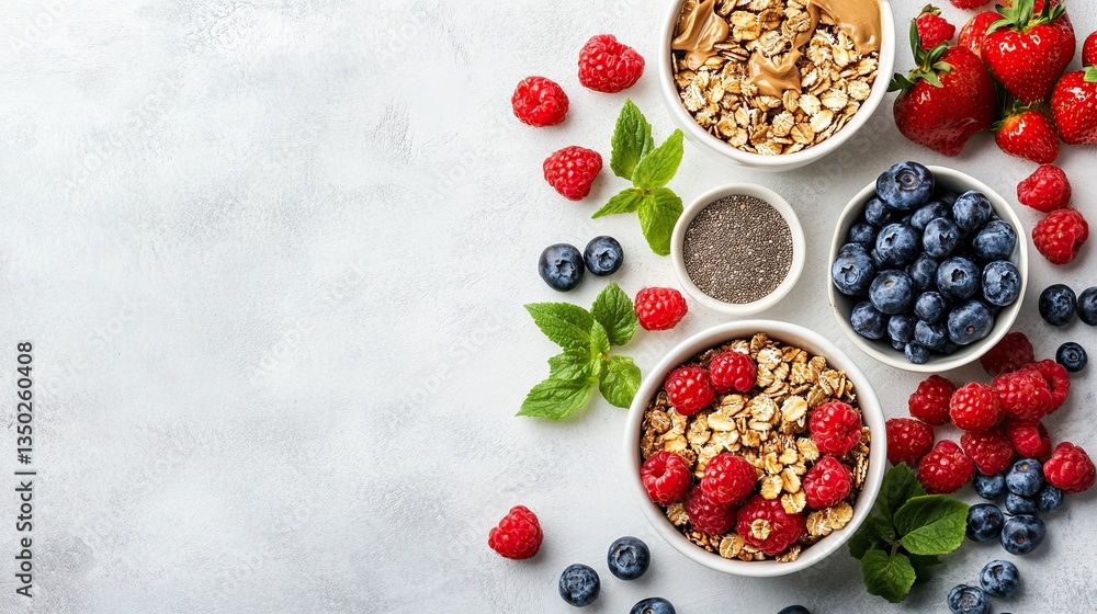 Breakfast food background featuring granola with hemp seeds, maca powder, peanut butter, and berries on a white table. Breakfast food background featuring granola with hemp seeds, maca powder, peanut butter, and berries on a white table.