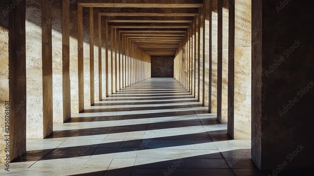 Fototapeta premium Columns of an empty concrete walkway bathed in sunlight, casting striking shadow lines on the stone wall.
