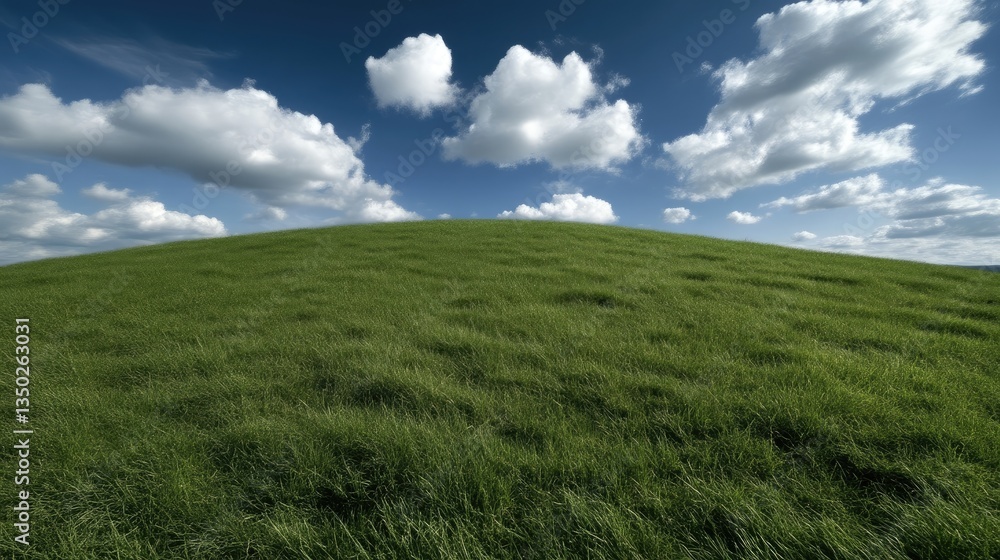 Lush green grassy hill under a vibrant blue sky with fluffy white clouds Lush green grassy hill under a vibrant blue sky with fluffy white clouds