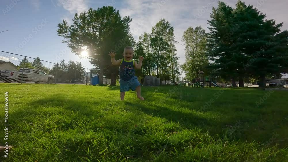Happy Baby Boy Dancing in the Grass at a Park in British Columbia, Canada Happy Baby Boy Dancing in the Grass at a Park in British Columbia, Canada