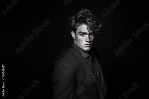 A striking young male model in a fitted suit poses with effortless charm. His tousled hair and piercing eyes create a dynamic blend of high fashion and contemporary elegance.male m