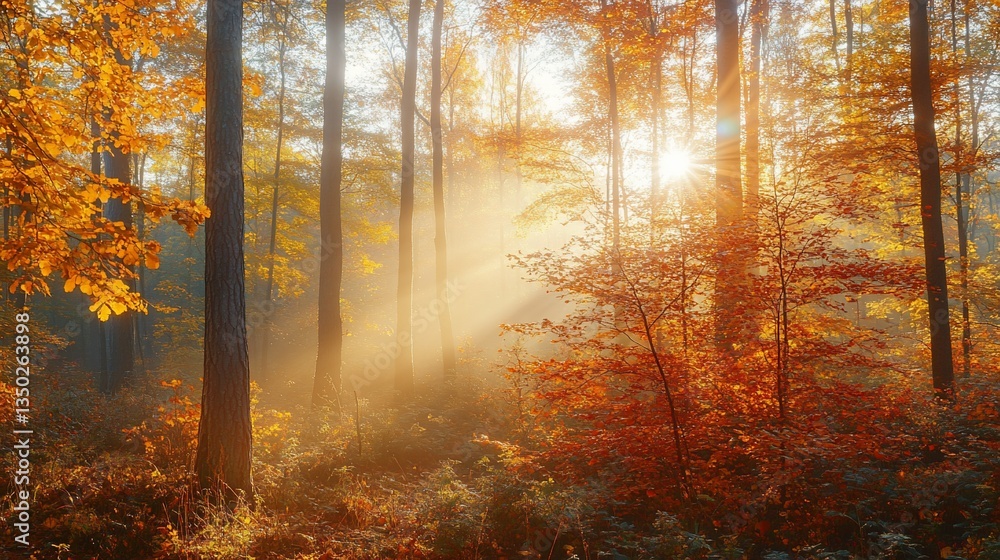 Obraz premium Sunlight shines through trees in autumn forest with orange leaves and misty light