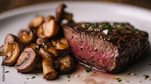 Grilled dry-aged venison steak served with roasted mushrooms.