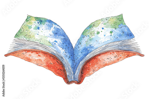 An open book with colorful, artistic pages showcasing abstract designs and vibrant splashes of color.