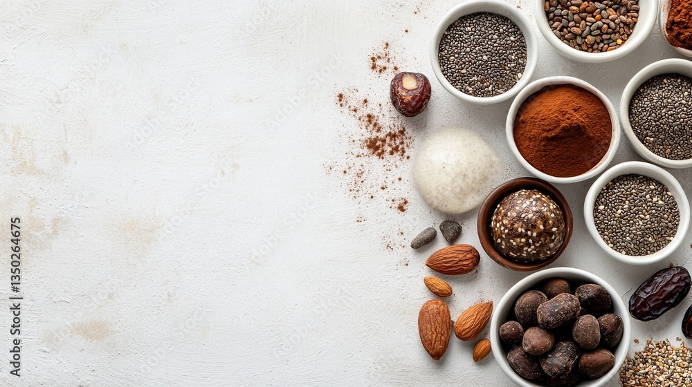 Healthy raw vegan energy balls made with cocoa, dates, maca, and chia, arranged on a white background. Healthy raw vegan energy balls made with cocoa, dates, maca, and chia, arranged on a white background.