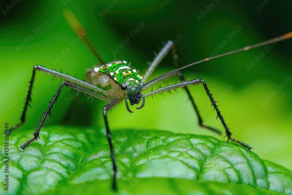 Fototapeta premium A close-up shot of a mosquito resting on a leaf, ideal for use in illustrations or educational materials about insects and nature
