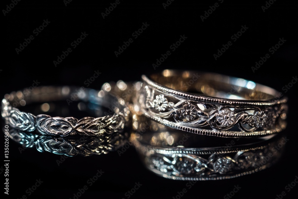 A pair of wedding rings sitting on a table, perfect for romantic occasions or jewelry displays A pair of wedding rings sitting on a table, perfect for romantic occasions or jewelry displays