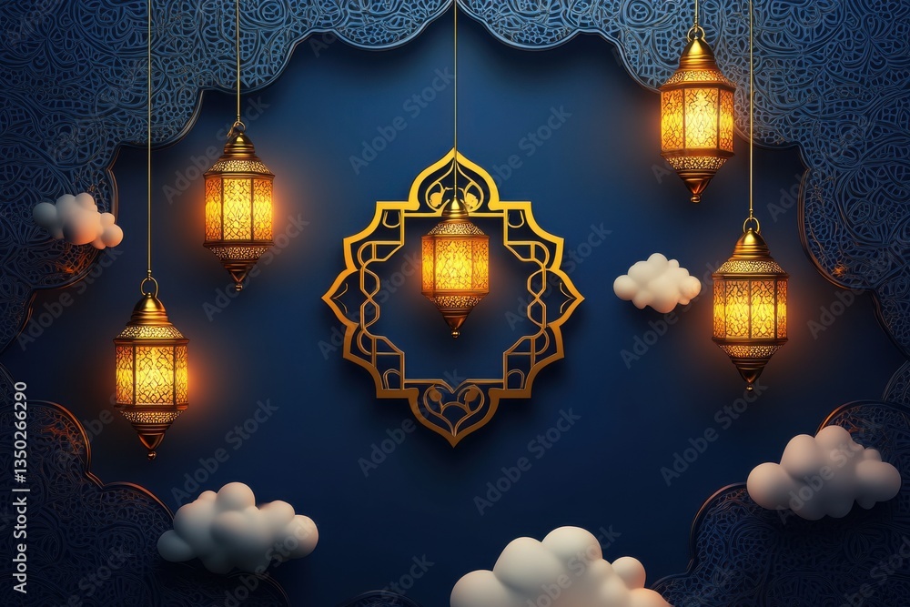 A dark blue background with a gold-framed geometric shape surrounded by warm lanterns and whimsical clouds in an elegant design A dark blue background with a gold-framed geometric shape surrounded by warm lanterns and whimsical clouds in an elegant design