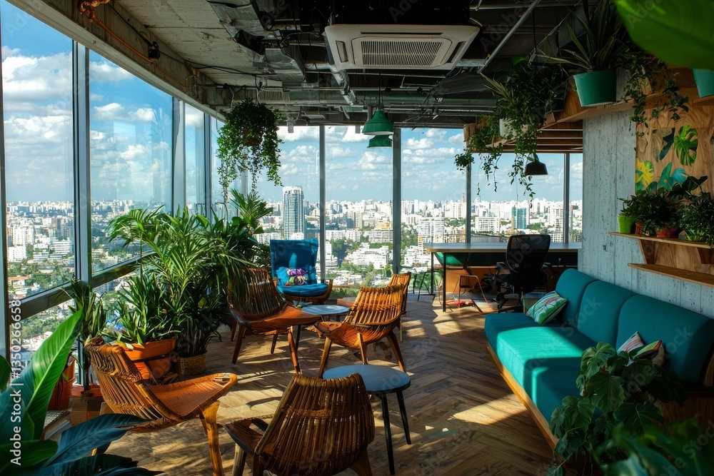 Fototapeta premium A welcoming waiting lounge with oversized windows, soft armchairs, and an abundance of natural plants, situated within a modern coworking environment that prioritizes organization