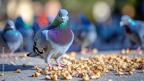 Pigeons, part of the Columbidae family and Columbiformes order, scramble eagerly for breadcrumbs to eat.