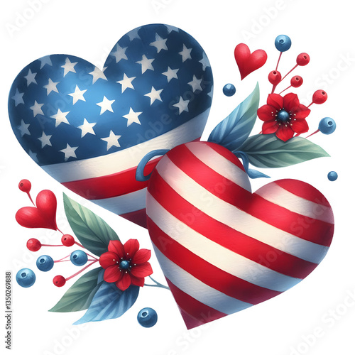 Memorial Day watercolor hearts with an American flag in red and blue, isolated on transparent background