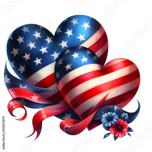 Memorial Day watercolor hearts with an American flag in red and blue, isolated on transparent background