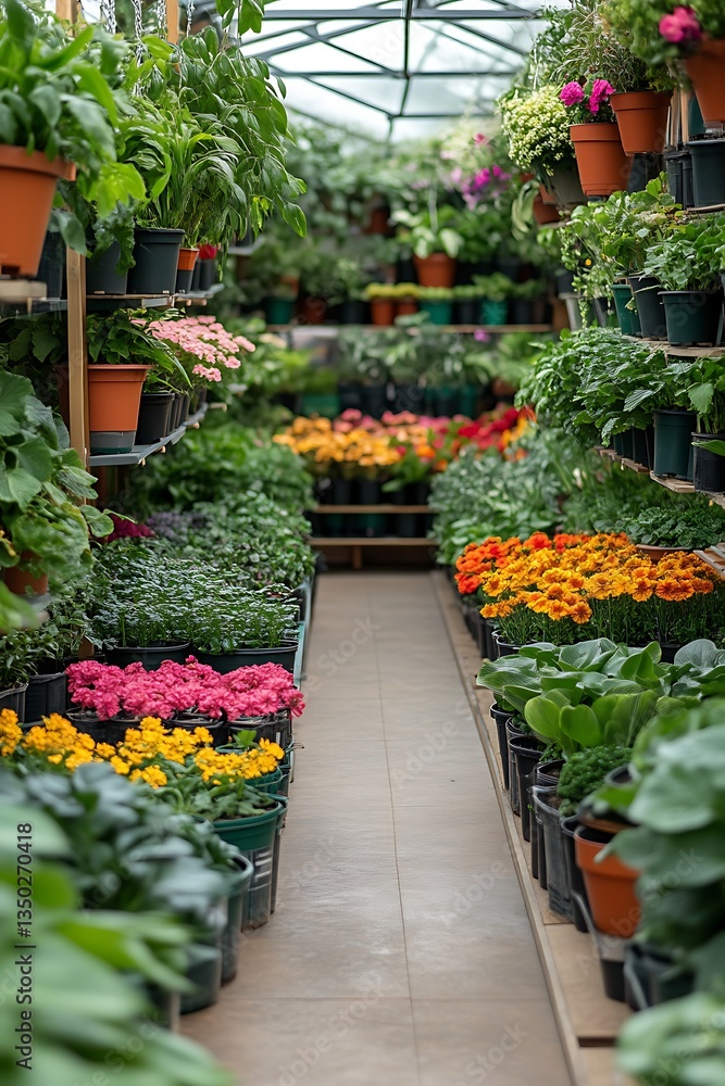 Naklejka premium Greenhouse aisle with colorful potted plants.