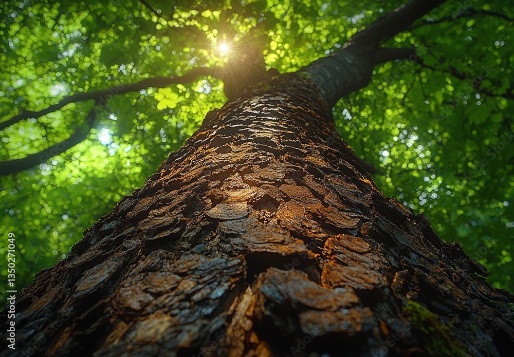 Fototapeta premium The morning sun's beauty shines between large trees in the forest's center, related to generative ai