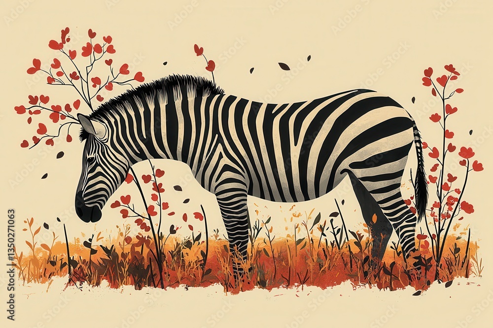 Fototapeta premium Minimalist illustration of a zebra surrounded by vibrant floral elements