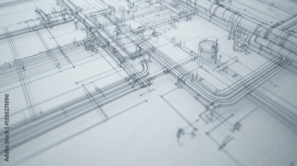 Refinery blueprint; complex piping, 3D model; industrial design, engineering Refinery blueprint; complex piping, 3D model; industrial design, engineering