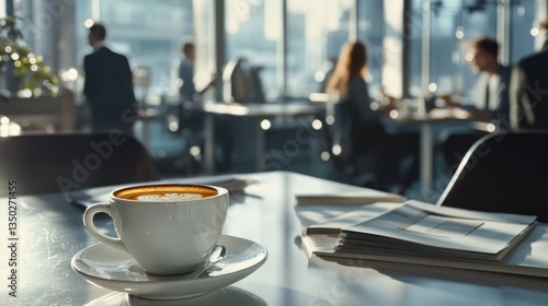 Coffee break, city office, morning sun, blurred business meeting, workday