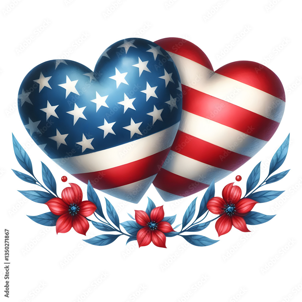 Fototapeta premium Memorial Day watercolor hearts with an American flag in red and blue, isolated on transparent background