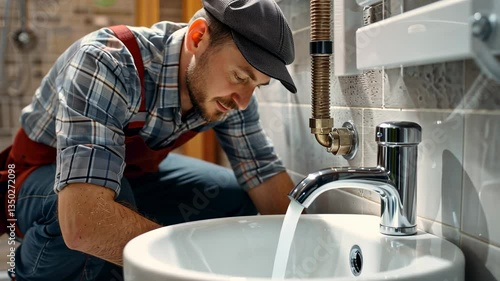 Plumber Inspecting Sink Installation in Bathroom