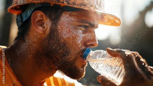 Construction Worker Takes a Hydration Break