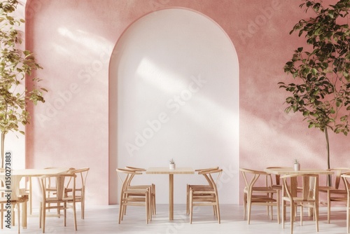 Pink restaurant interior, arched wall, sunlight, cafe, minimalist, empty tables, modern, bright
