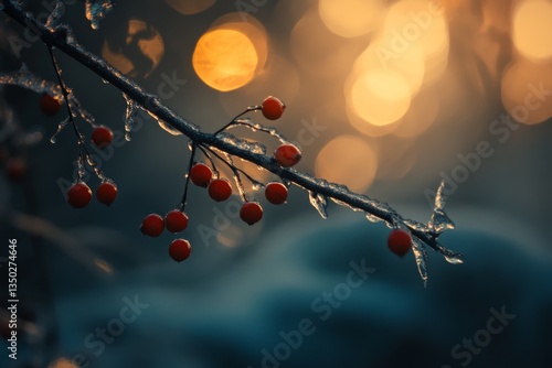 Icy branch with red berries at sunset.