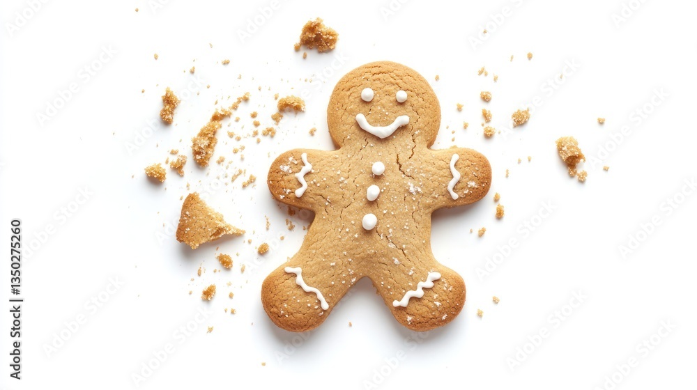 Broken gingerbread man cookie crumbs white background holiday baking Broken gingerbread man cookie crumbs white background holiday baking