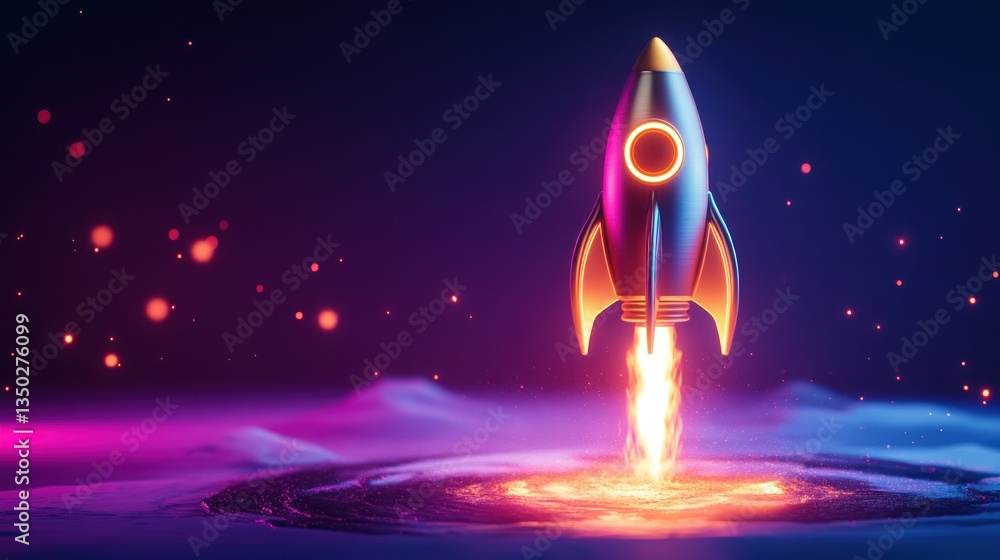 Naklejka premium Colorful rocket launching from a vibrant alien landscape
