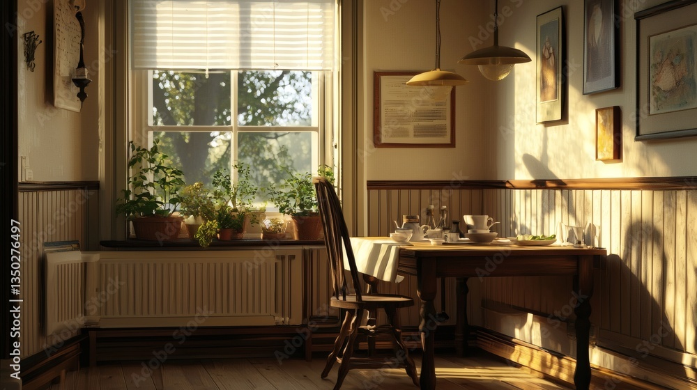Fototapeta premium Homey breakfast nook with pendant lighting and gentle morning sun through nearby window