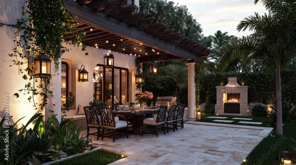 Obraz premium Open terrace with outdoor dining set under pergola, accented by lanterns and dusk lighting