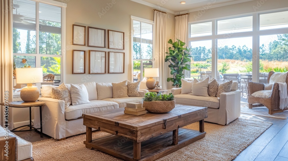 Living room featuring rustic decor, soft table lamps, and bright afternoon sunlight Living room featuring rustic decor, soft table lamps, and bright afternoon sunlight