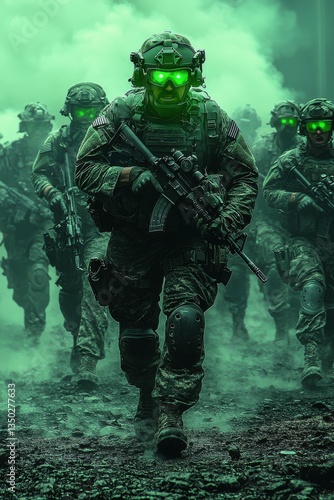 Soldiers advance through a smoky environment with glowing goggles during a night operation