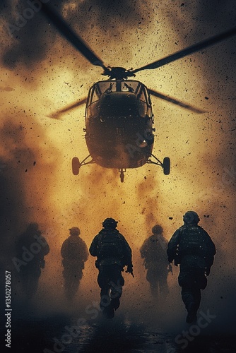 Soldiers advancing through smoke under a helicopter during a military operation at dusk