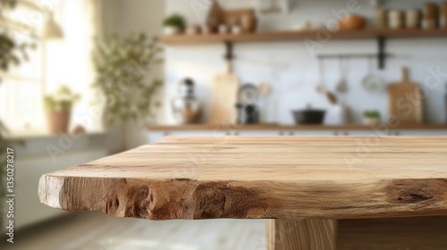Rustic wooden table in a bright kitchen with plants