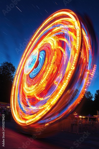 Colorful carnival ride spins at night, creating a vibrant light display against a dark blue sky