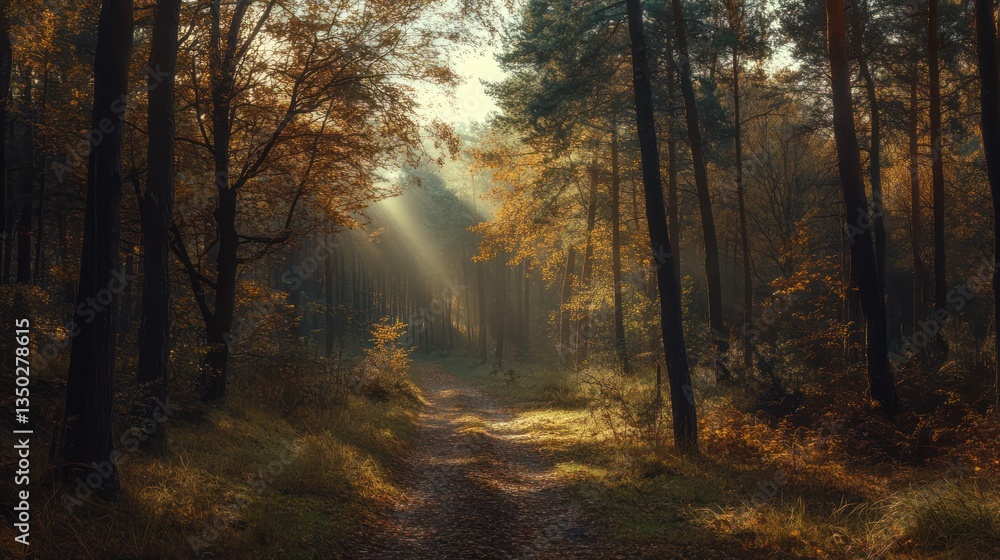Obraz premium Autumnal forest path, sun rays, misty morning, nature background, tranquil scene