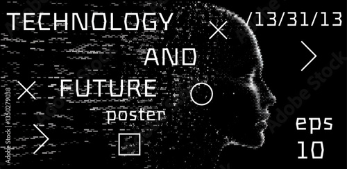 Digital art poster with a pixelated head silhouette and geometric elements on a black background, conveying a futuristic tech theme.