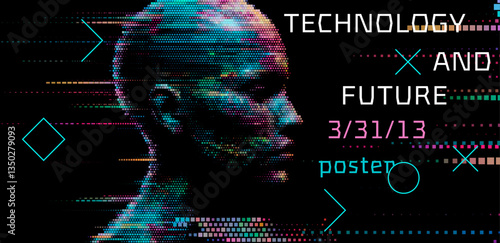 Digital art poster with a pixelated head silhouette and geometric elements on a black background, conveying a futuristic tech theme.