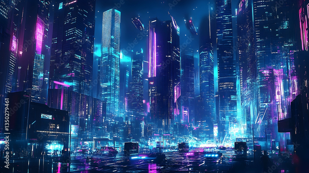 Futuristic Metropolis at Night with Glowing Neon Lights and Flying Vehicles Futuristic Metropolis at Night with Glowing Neon Lights and Flying Vehicles