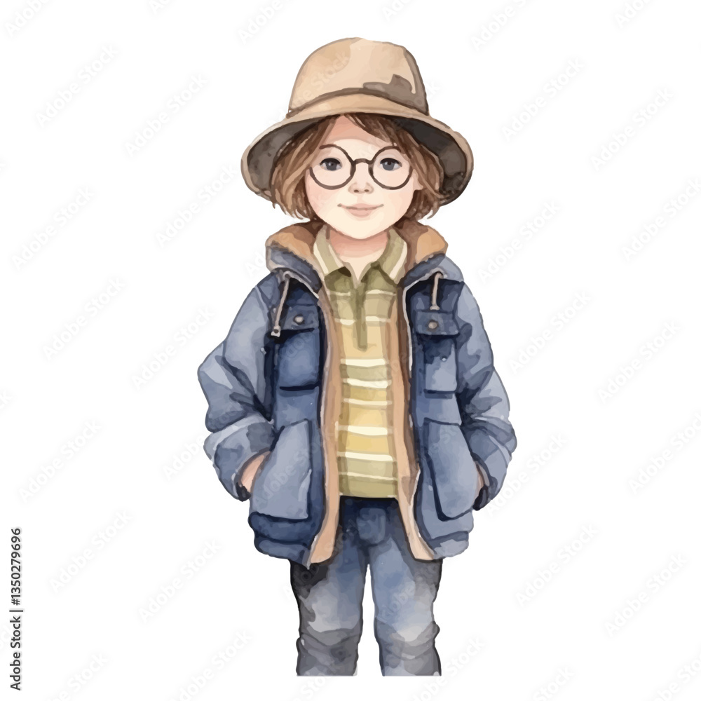 watercolors Cute cool kid wearing jacket and hat watercolors Cute cool kid wearing jacket and hat