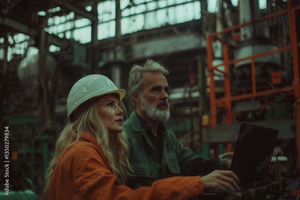 During a factory tour at the metalwork manufacturing factory, the factory manager or executive inspects the heavy steel industrial machinery, exemplifying leadership quality as an engineering During a factory tour at the metalwork manufacturing factory, the factory manager or executive inspects the heavy steel industrial machinery, exemplifying leadership quality as an engineering