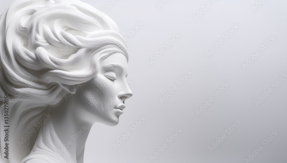 Harmonious white-on-white composition of a serene woman's face, crafted from a material similar to plaster, cast, or snow, executed in a minimalist style that radiates delicacy, elegance, and serenity Harmonious white-on-white composition of a serene woman's face, crafted from a material similar to plaster, cast, or snow, executed in a minimalist style that radiates delicacy, elegance, and serenity
