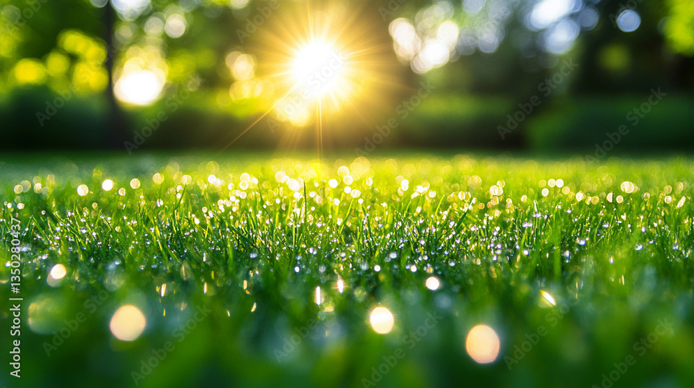 Obraz premium Morning sunlight glistening on dew-covered grass in a serene park setting, evoking tranquility