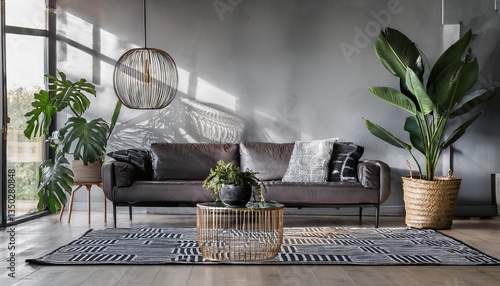 A few minimalist potted plants (such as a fiddle leaf fig or snake plant) add a touch of gre